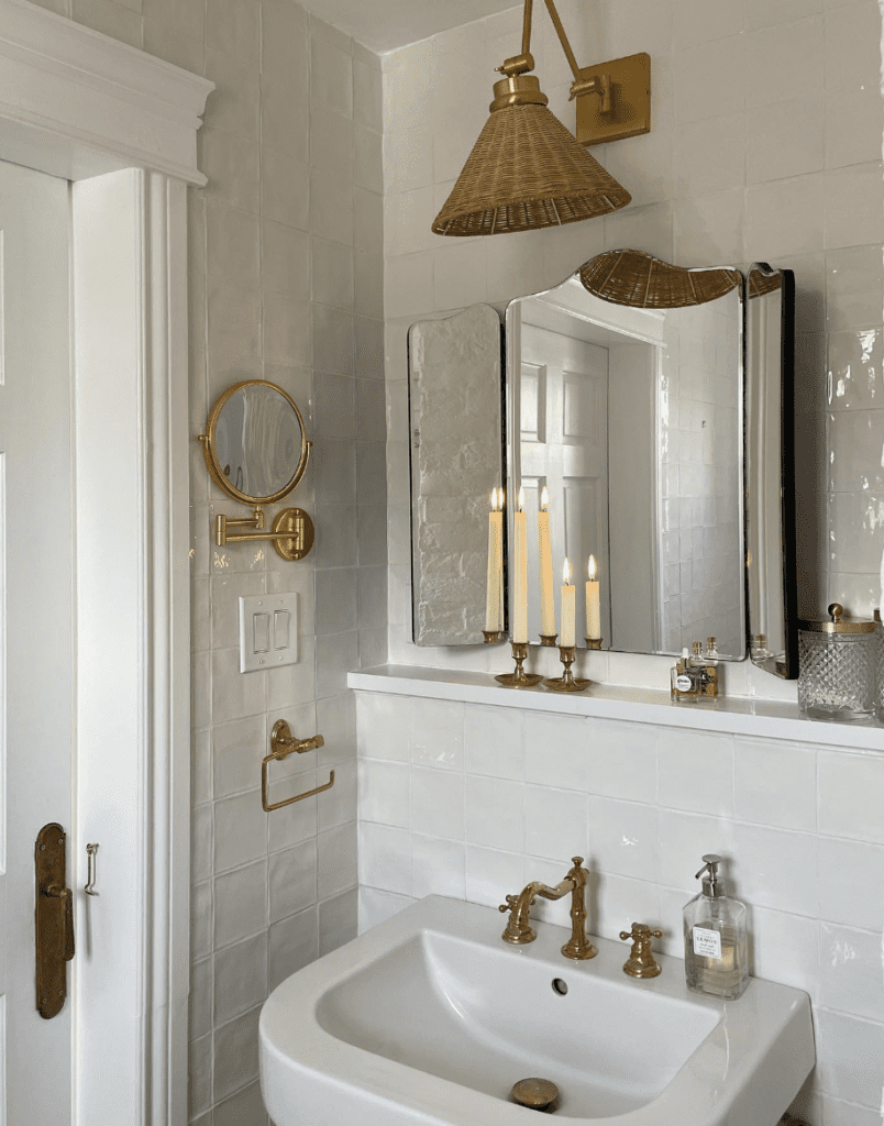 bathroom with make-up magnifying mirror mounted on the wall