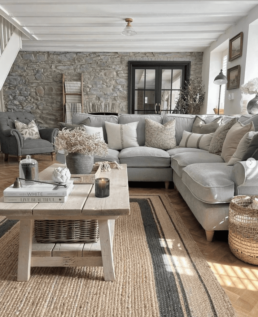 A modern farmhouse living room with a jute rug, a grey couch, and a light wood coffee table