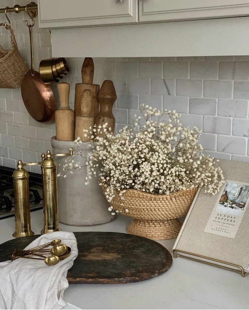 wicker basket used to display dried white flowers