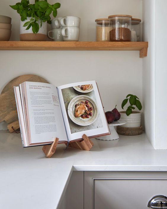 Display wooden book holder for recipe book on kitchen counter