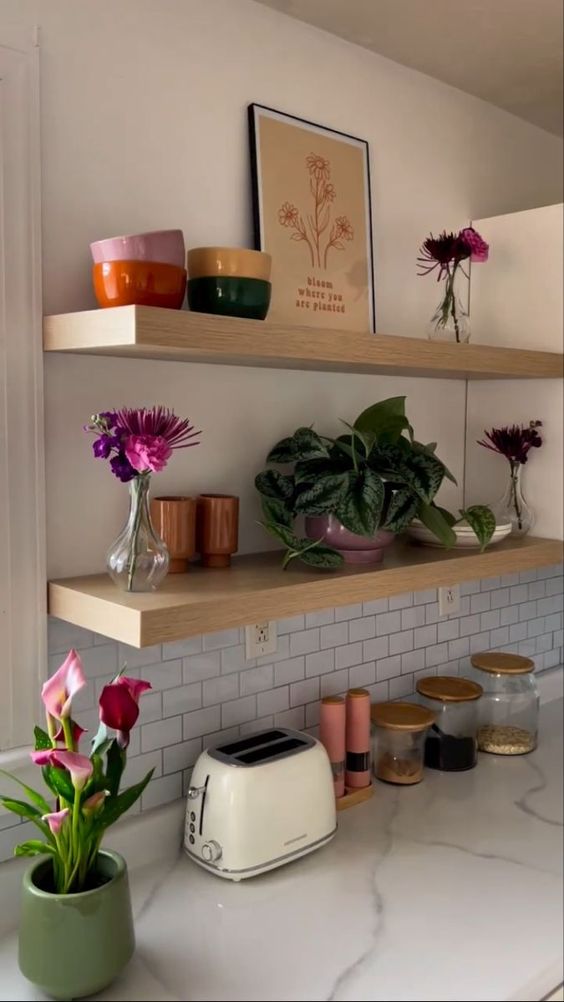 kitchen counter filled with colourful vases and plants