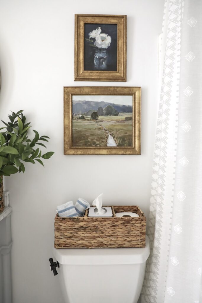 guest bathroom toilet with a woven basket containing towels, toilet paper and tissues