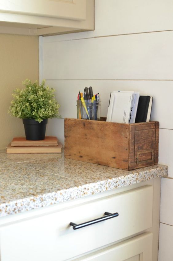 distressed wood box to contain mail and notes for the kitchen