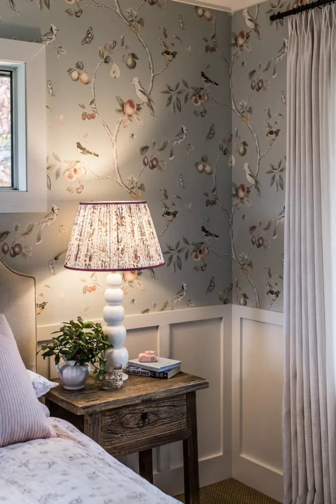 Vintage bedroom with botanical wallpaper