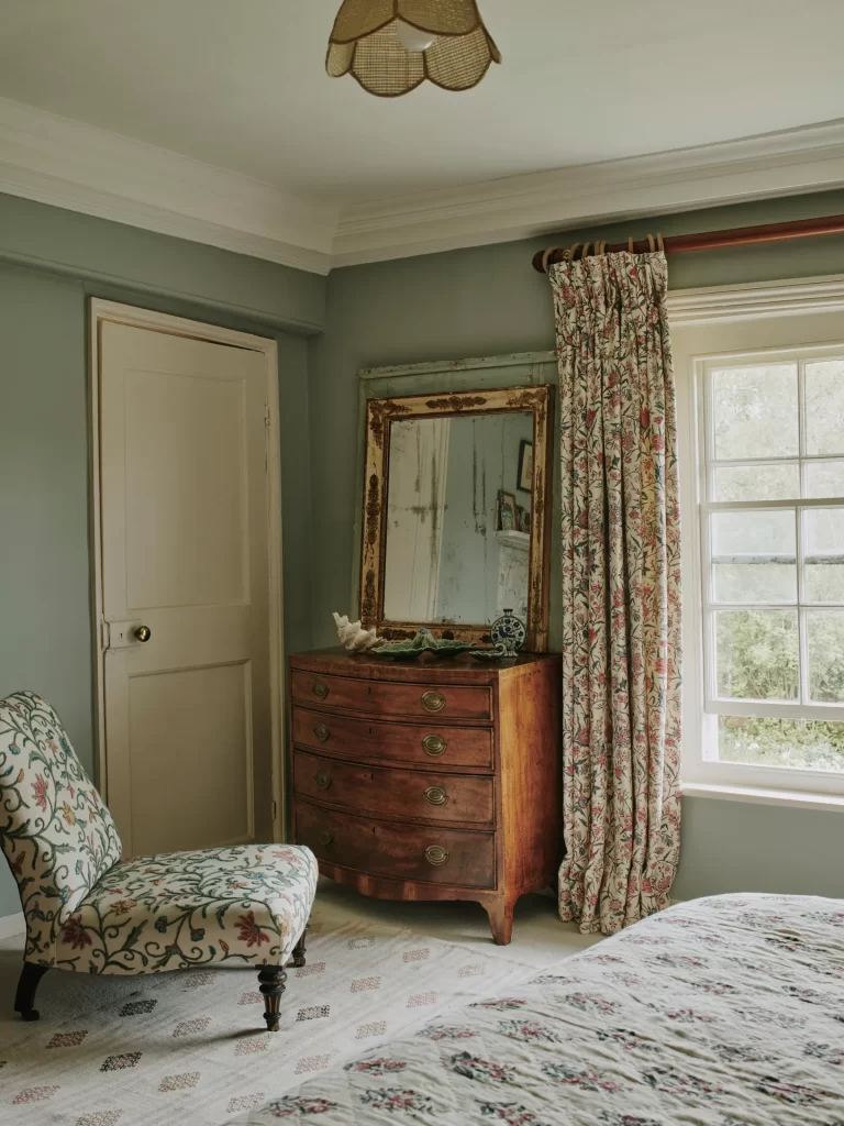 Classic Chaise Longue with floral upholstery in English countryside bedroom