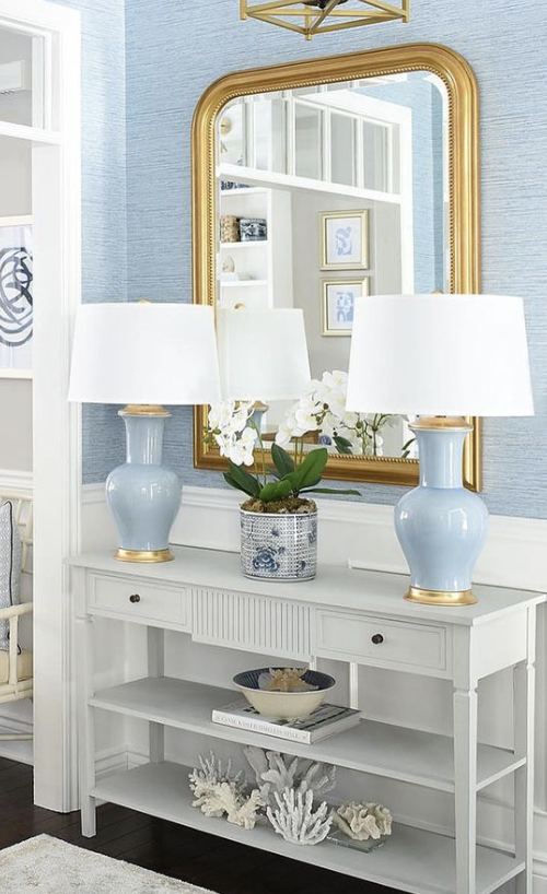 Picture of a console to illustrate how to style a set of twin lamps with classic style