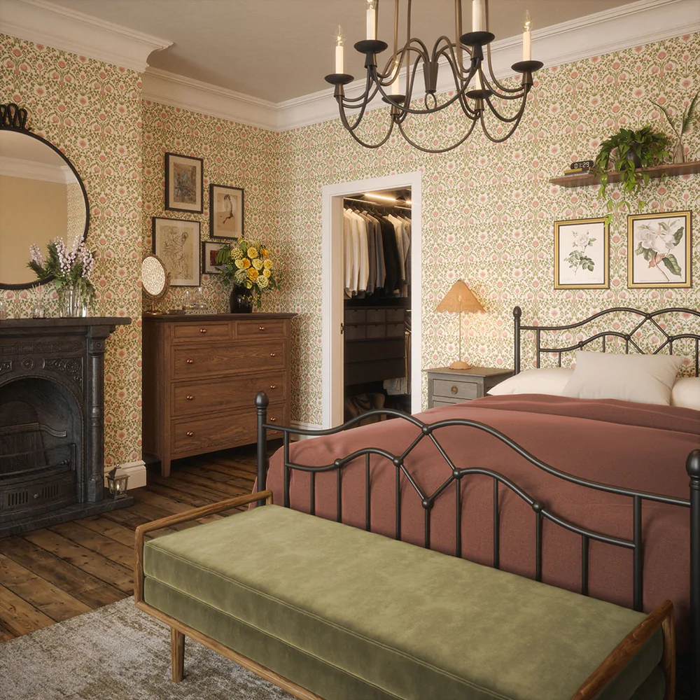 Classic English bedroom with a solid wooden dresser with metal handles.