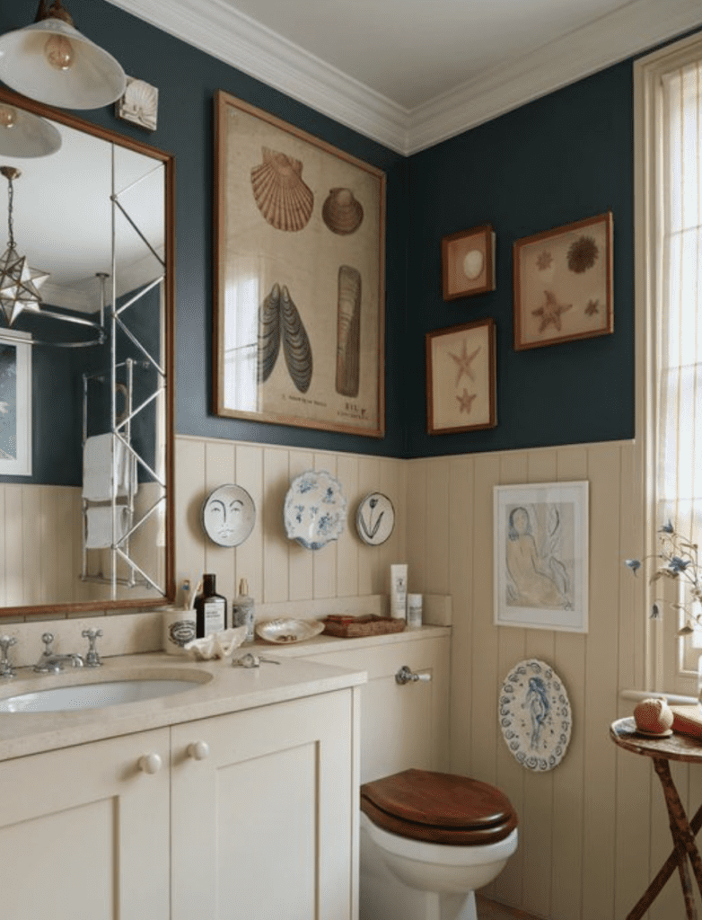 Maximalist dear for bathroom including wall decorative plates and vintage saline prints for a classic but creative space