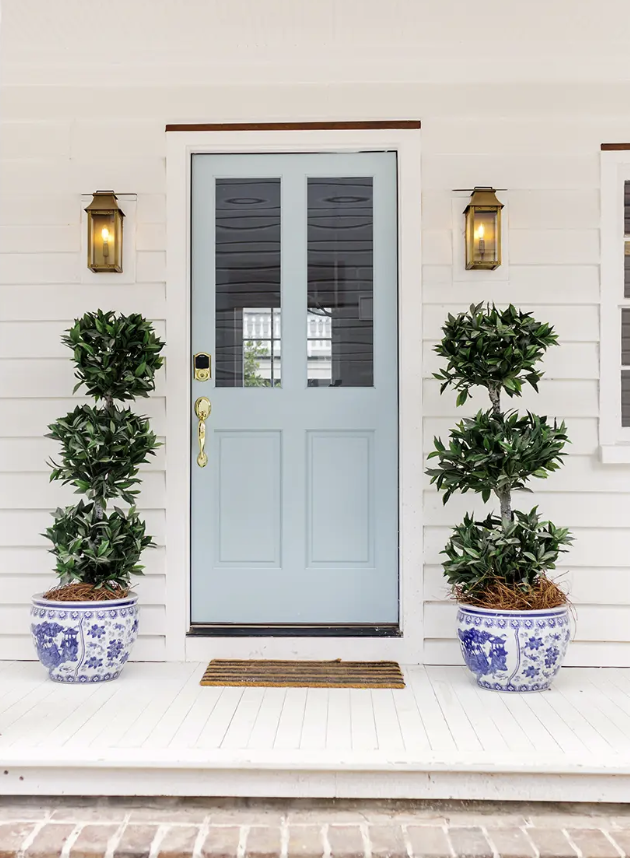 front door with two chinoiserie vases and tall plants