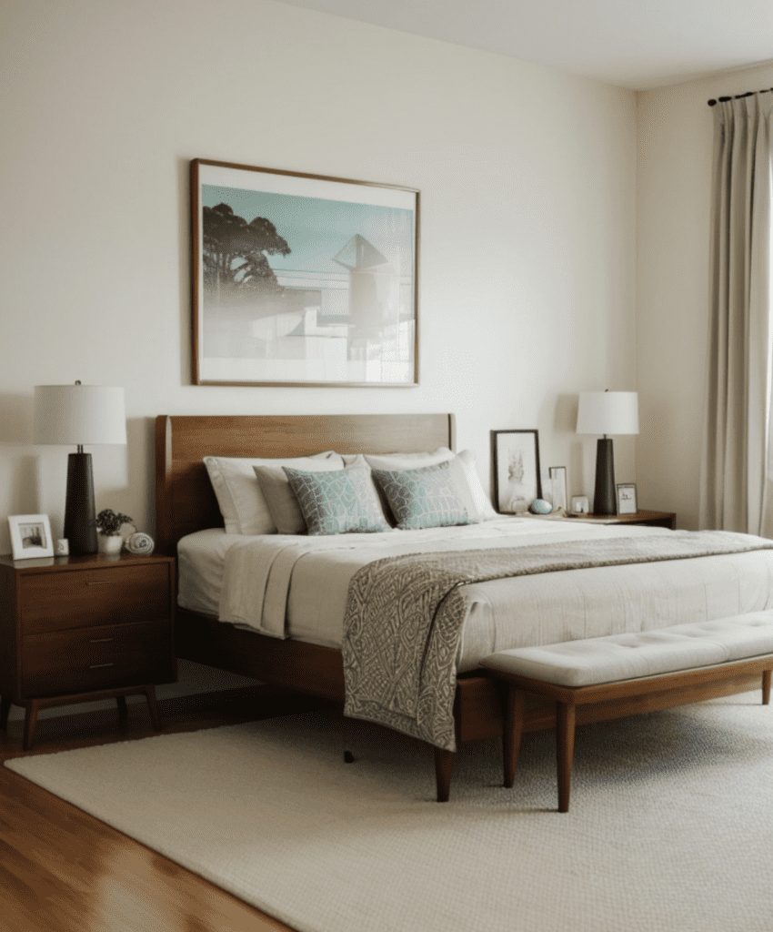 Simple bedding used to style a modern mid century bedroom