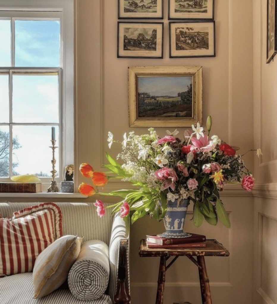 Vase of fresh wild flowers in a chinoiserie vase used for maximalism decor in a living room