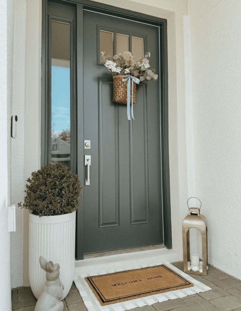 door with hanging flower basket for spring decor