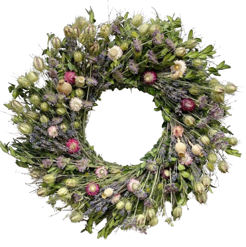 housewarming front door wreath with dried flowers