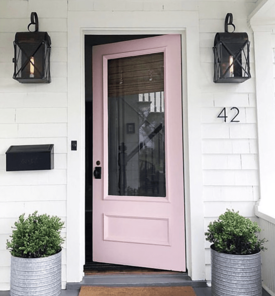 Front door decor with hanging metal lanters