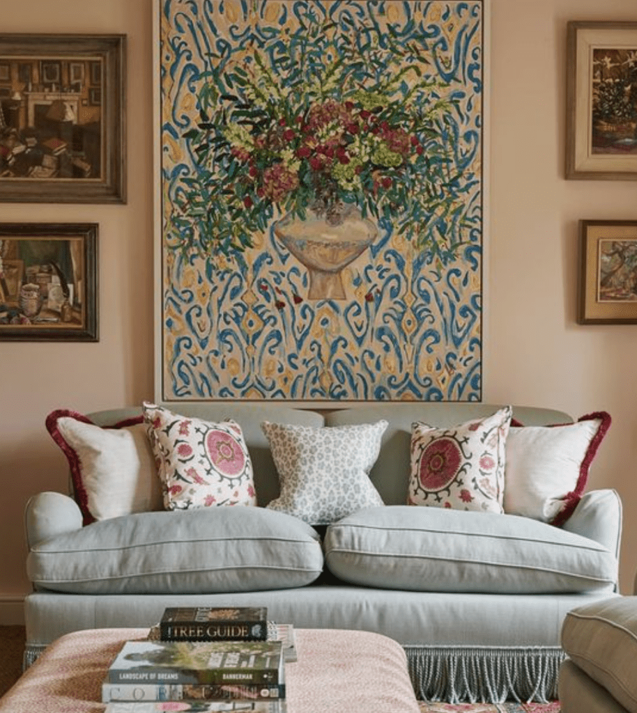 maximalist living room with a large painting hanging on top of the couch