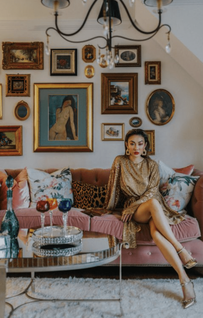 Parisian chic living room with a mirrored coffee table as the centre piece