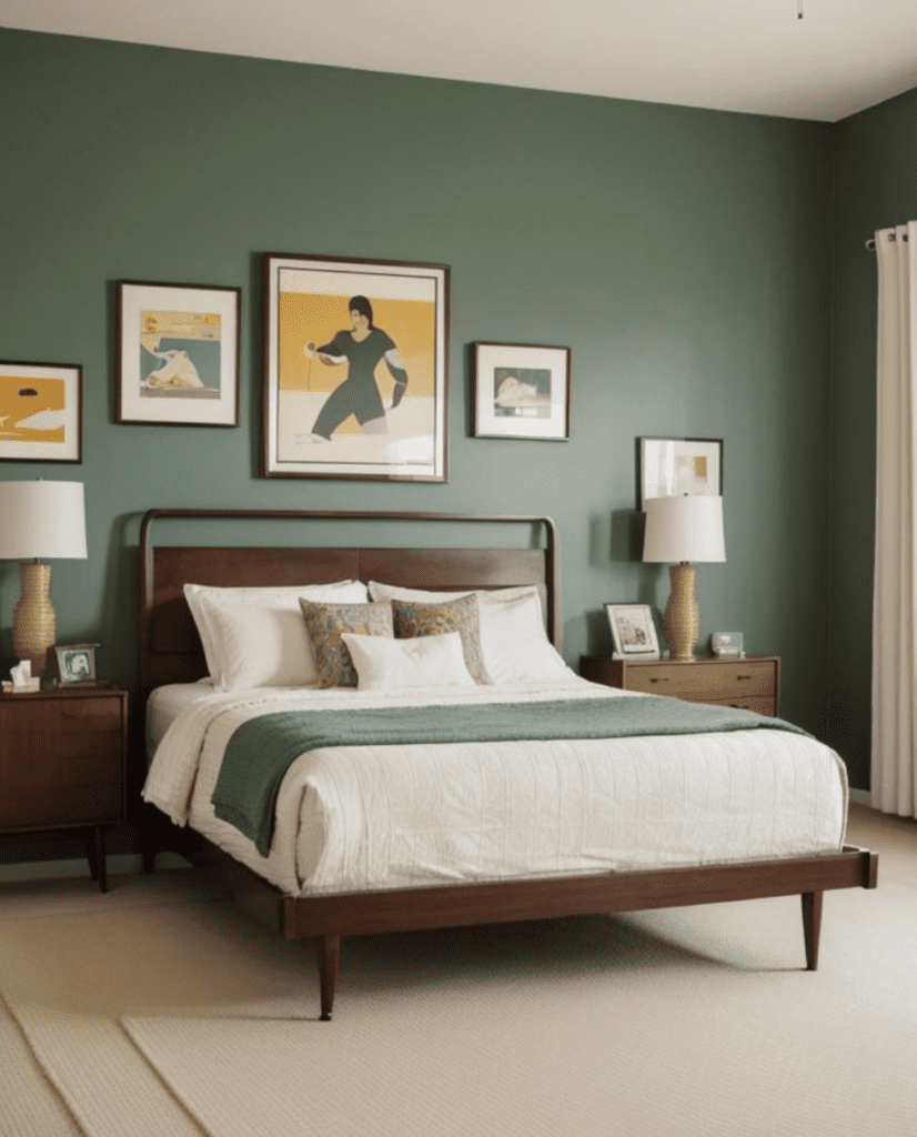 Classic green and mustard color palette for a mid century modern bedroom