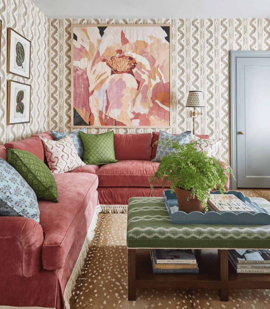 Colourful living room with an upholstered ottoman replacing the coffee table.