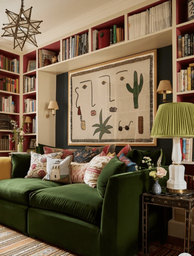 Maximalist Living room with green velvet couch and large art piece on the walll