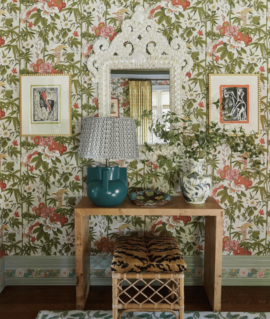 Colorful wallpaper for a maximalist entryway