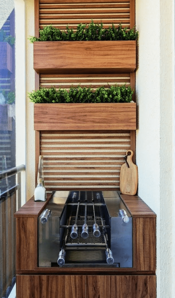 Balcony cooking area using vertical space for appliances