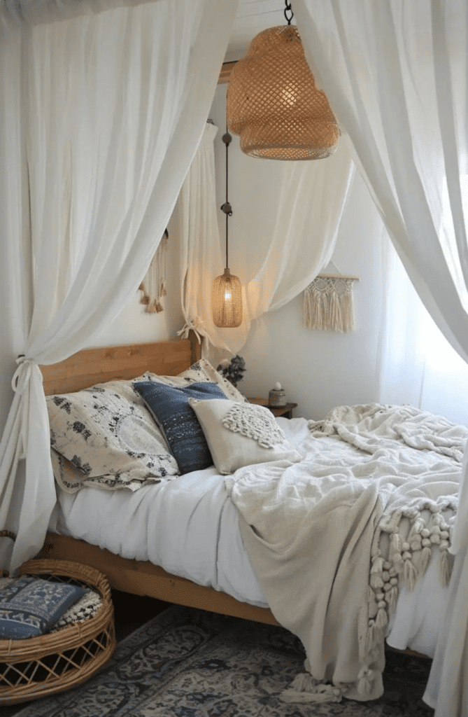 canopy bed with flowing white curtains