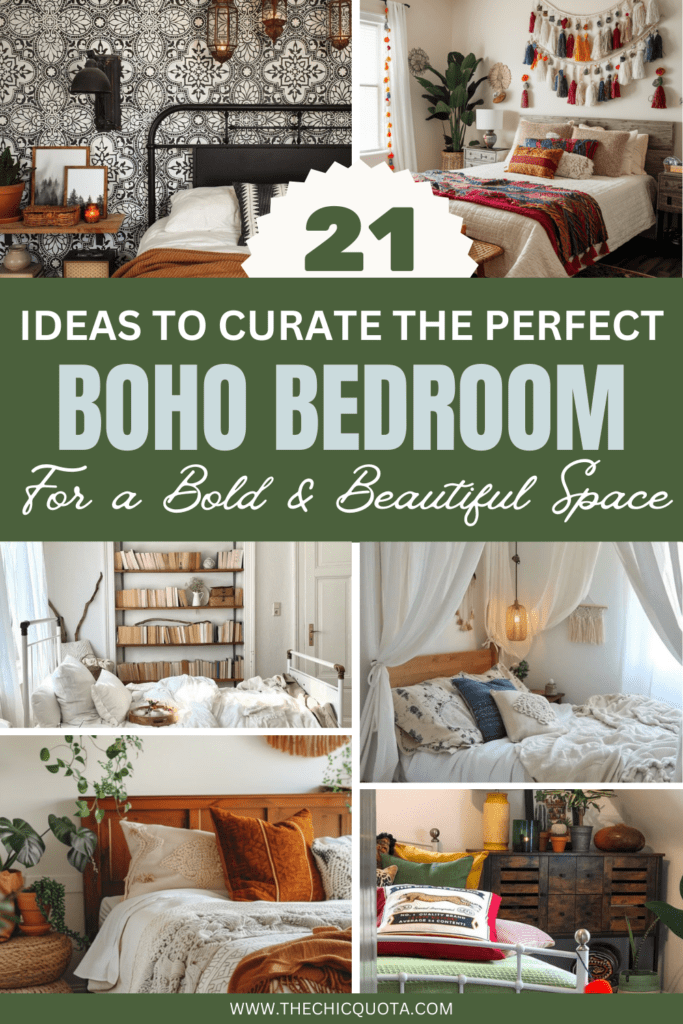 Pinterest pin for blog post about 21 ideas for the perfect boho bedroom