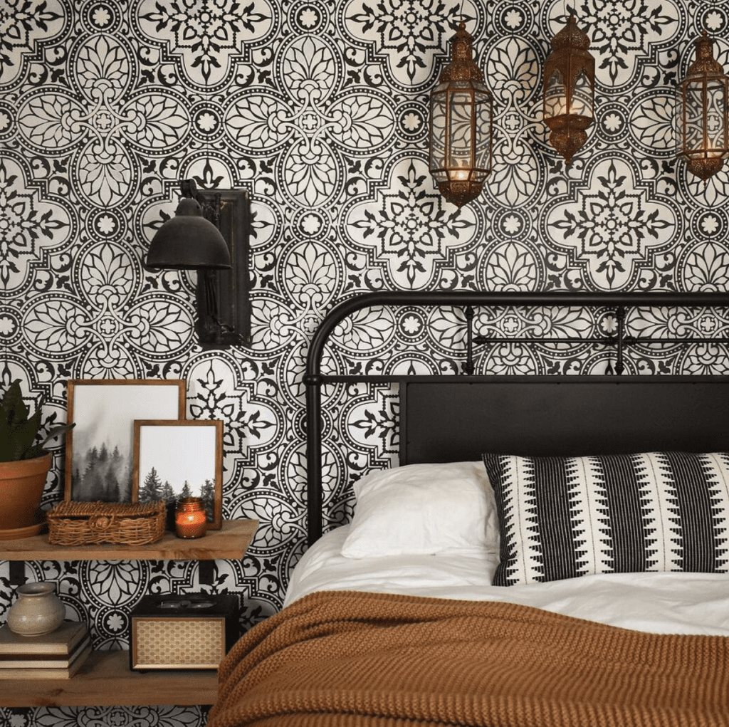 Boho wall paper used for accent wall