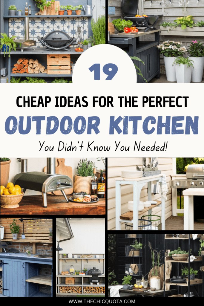 Pinterest pin with options for cheap small outdoor kitchen ideas