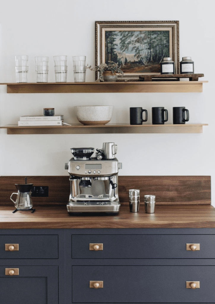 classic contemporary coffee bar blue and dark wood for an intense palette 