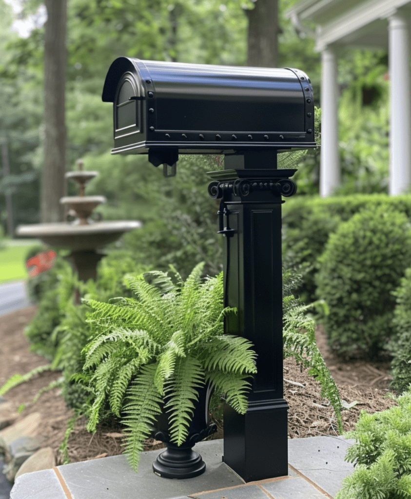 black mailbox with victory cup planter for seasonal decor