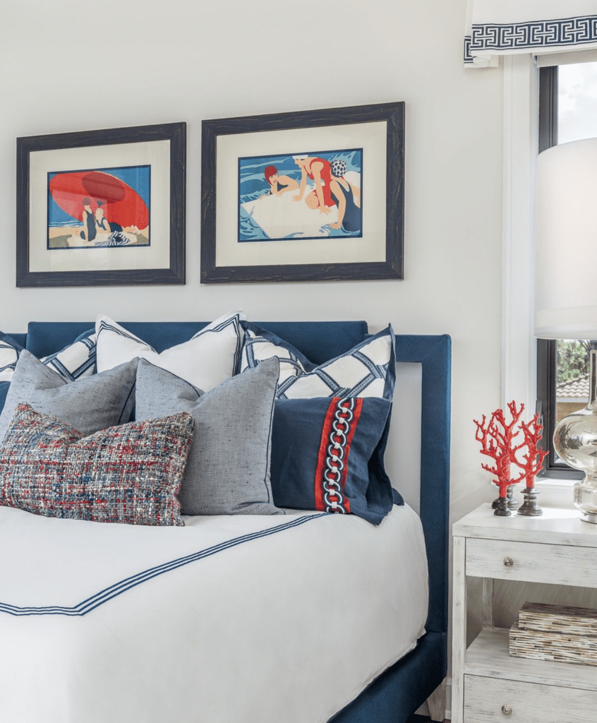 traditional American bedroom taking inspiration from the beach and seaside bright colors