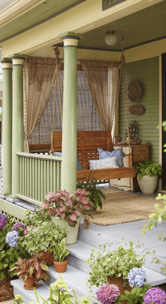 colorful front porch painted light green and filled with flowers