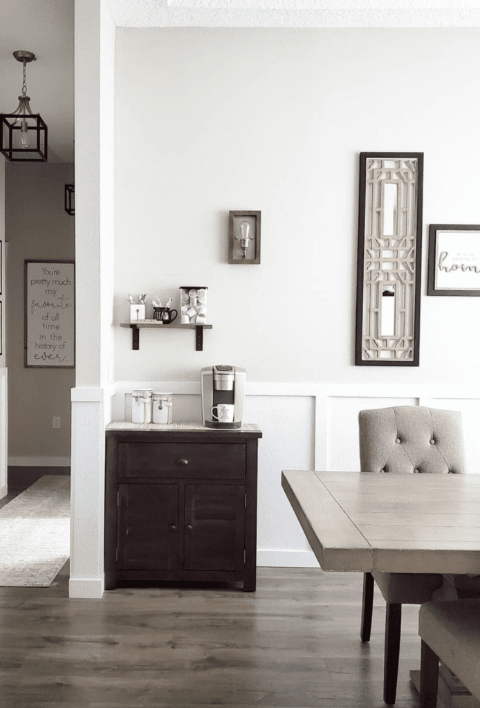 coffee corner in the back of a dining room with elegant styling