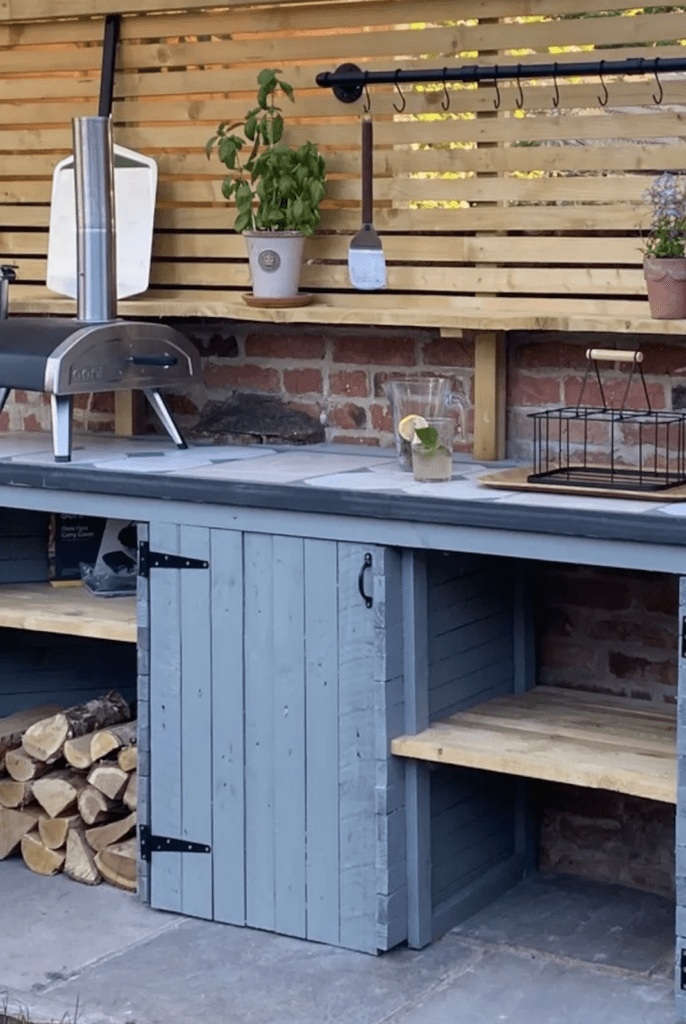 backyard pizza making station with custom wood-work