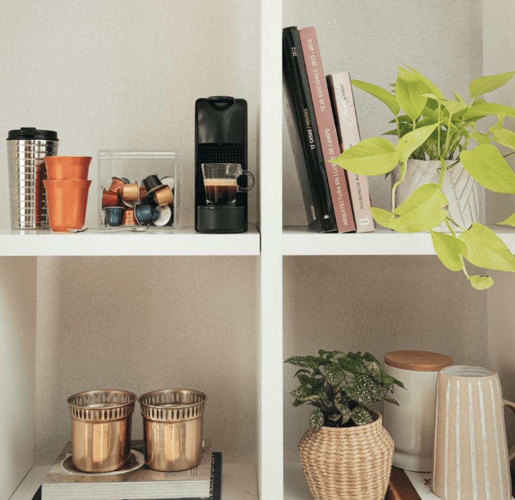 coffee bar idea for limited space embedded in bookshelf