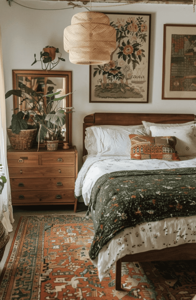 Large Peruvian rug in earthy tones used to decorate a boho bedroom