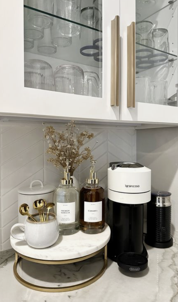 marble stand for a curated coffee station in the corner of kitchen counter