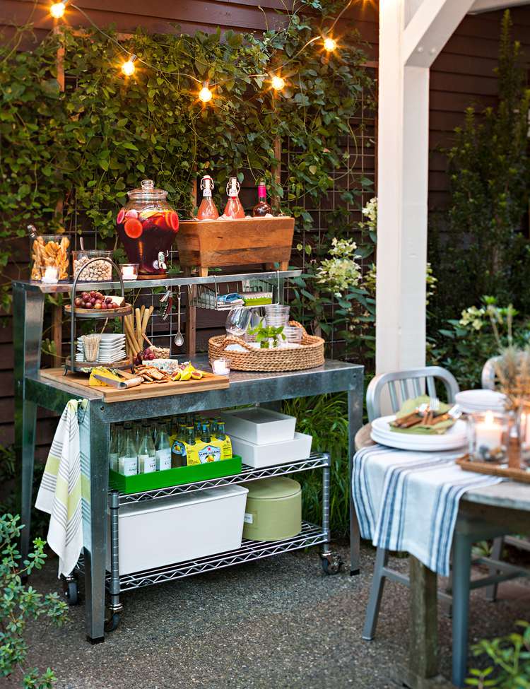 repurposed metal cart for backyard drink and food serving cart