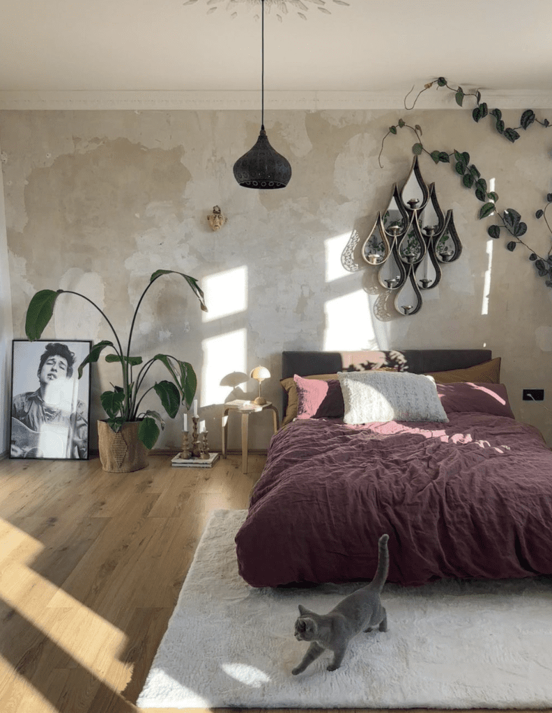 Industrial/minimalistic approach to boho bedroom decor