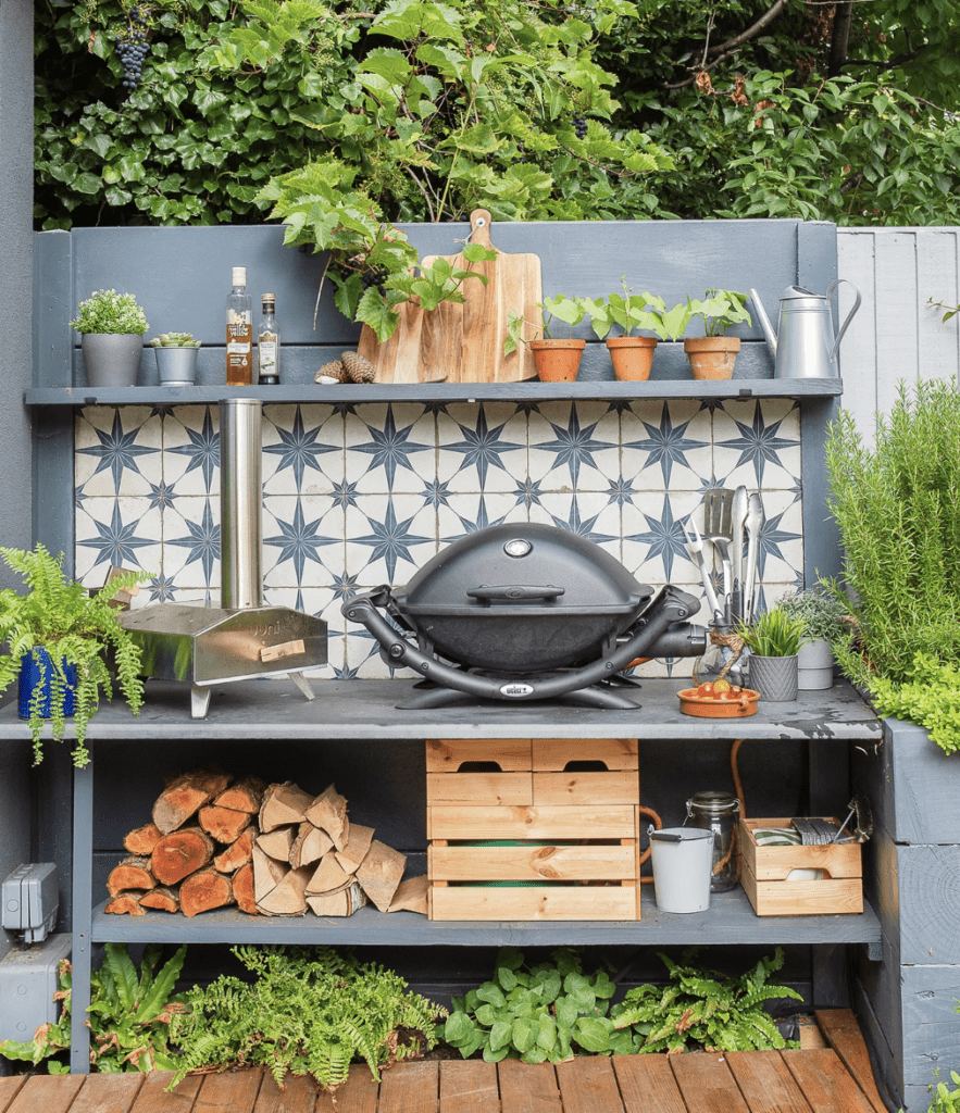 decorative tiles used for backsplash of outdoor kitchen