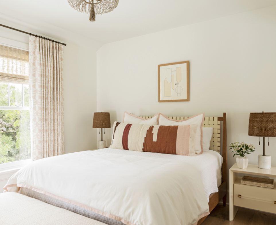 Light Pink and Rattan palette for an elegant, rustic bedroom that takes inspiration from the seaside