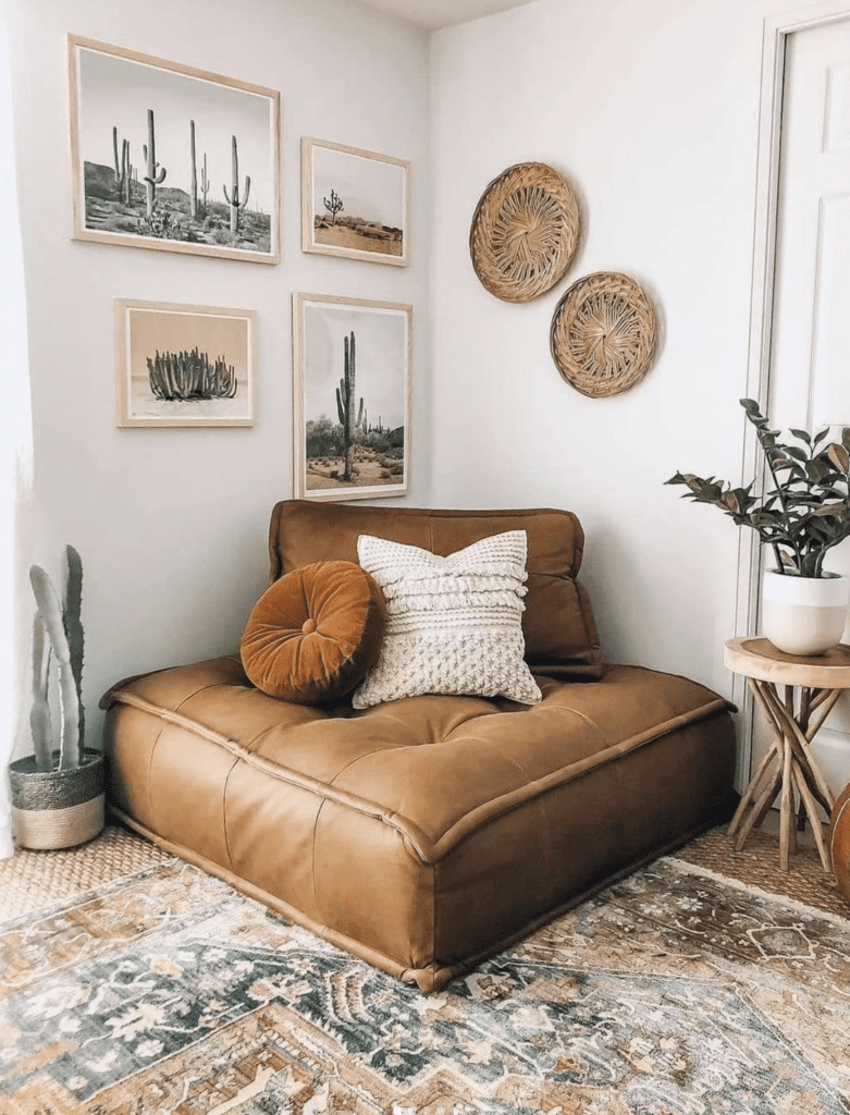 reading corner with boho leather chair and gallery wall 