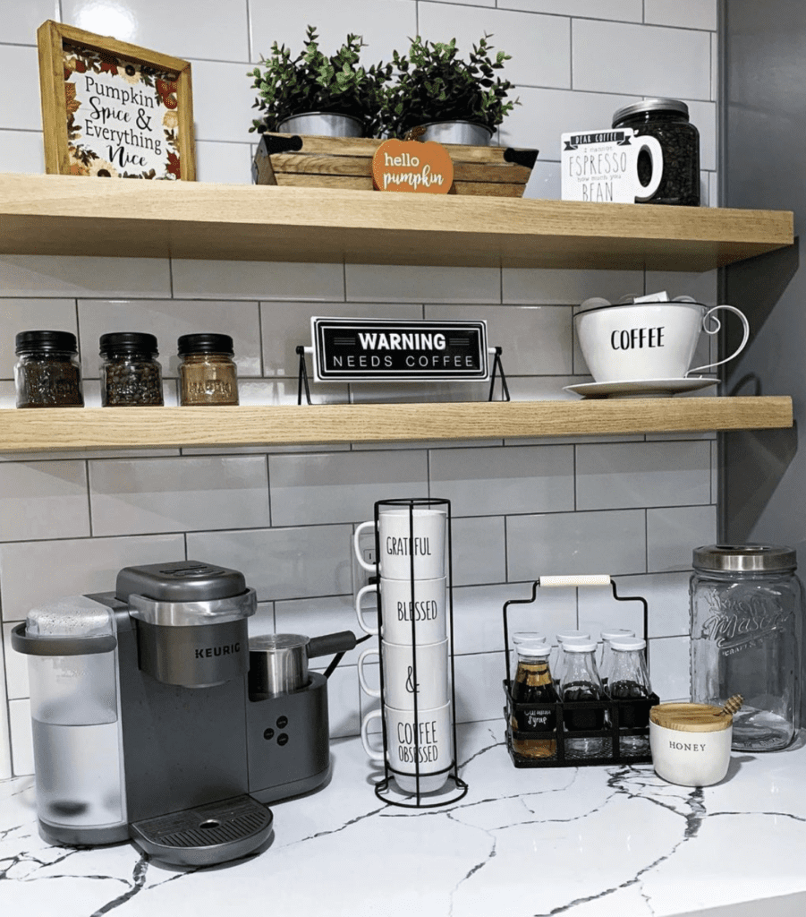 traditional coffee station on white marble kitchen counter for a treat station