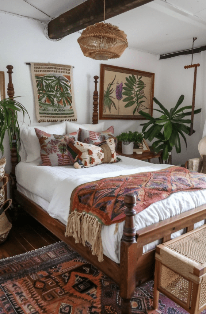 Boho tapestry paired with green plants and earthy decor tones