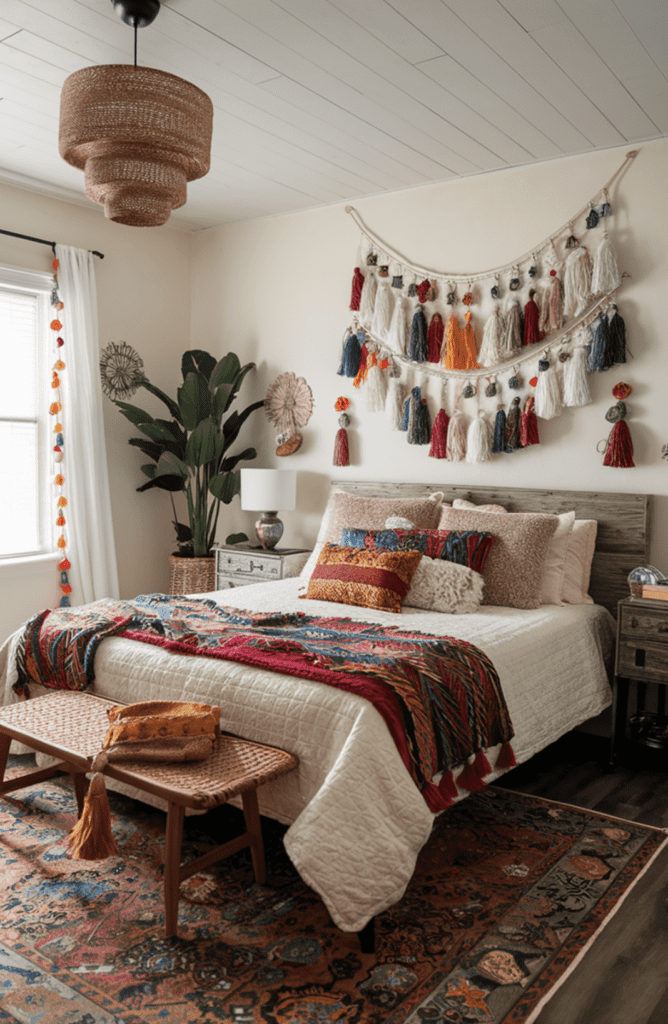 Colorful tassel garland used as top-of-bed wall decor