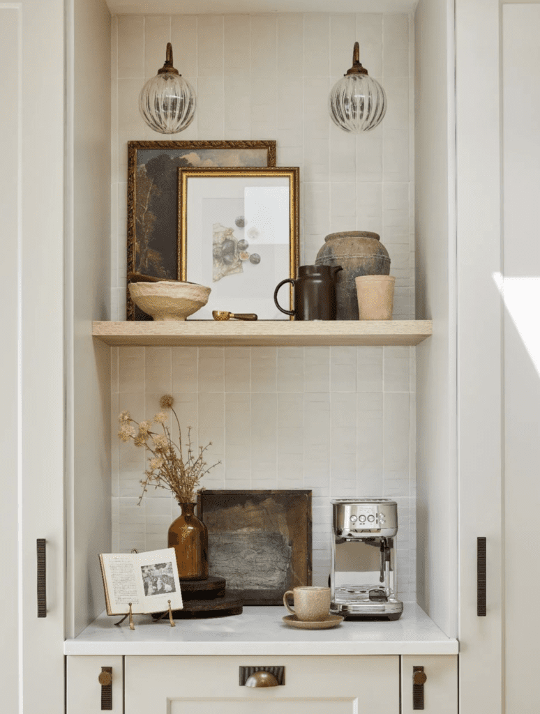 white tile backsplash for chic coffee bar ideas