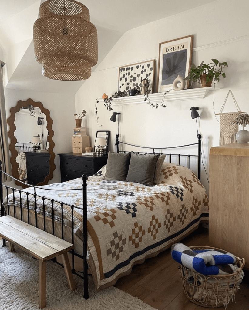 Traditional quilt used as bed cover with patterns in earthy tones