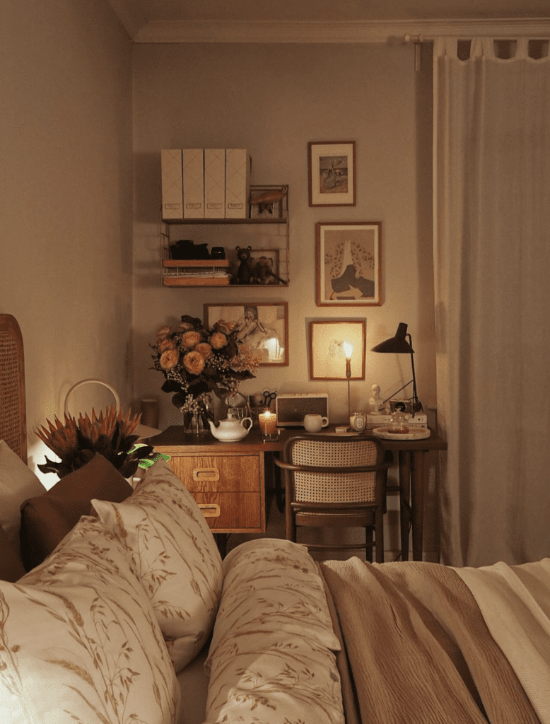 Vintage desk area with wicker chair