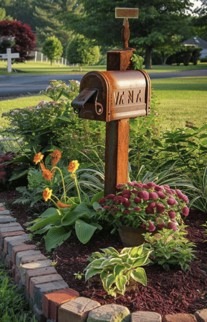 Flower island with brick edging